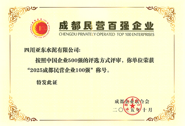 2025年10月28日，四川亞東在成都市企業(yè)創(chuàng)新發(fā)展大會上，榮獲“2025成都民營企業(yè)100強”稱號，并獲頒獎牌。